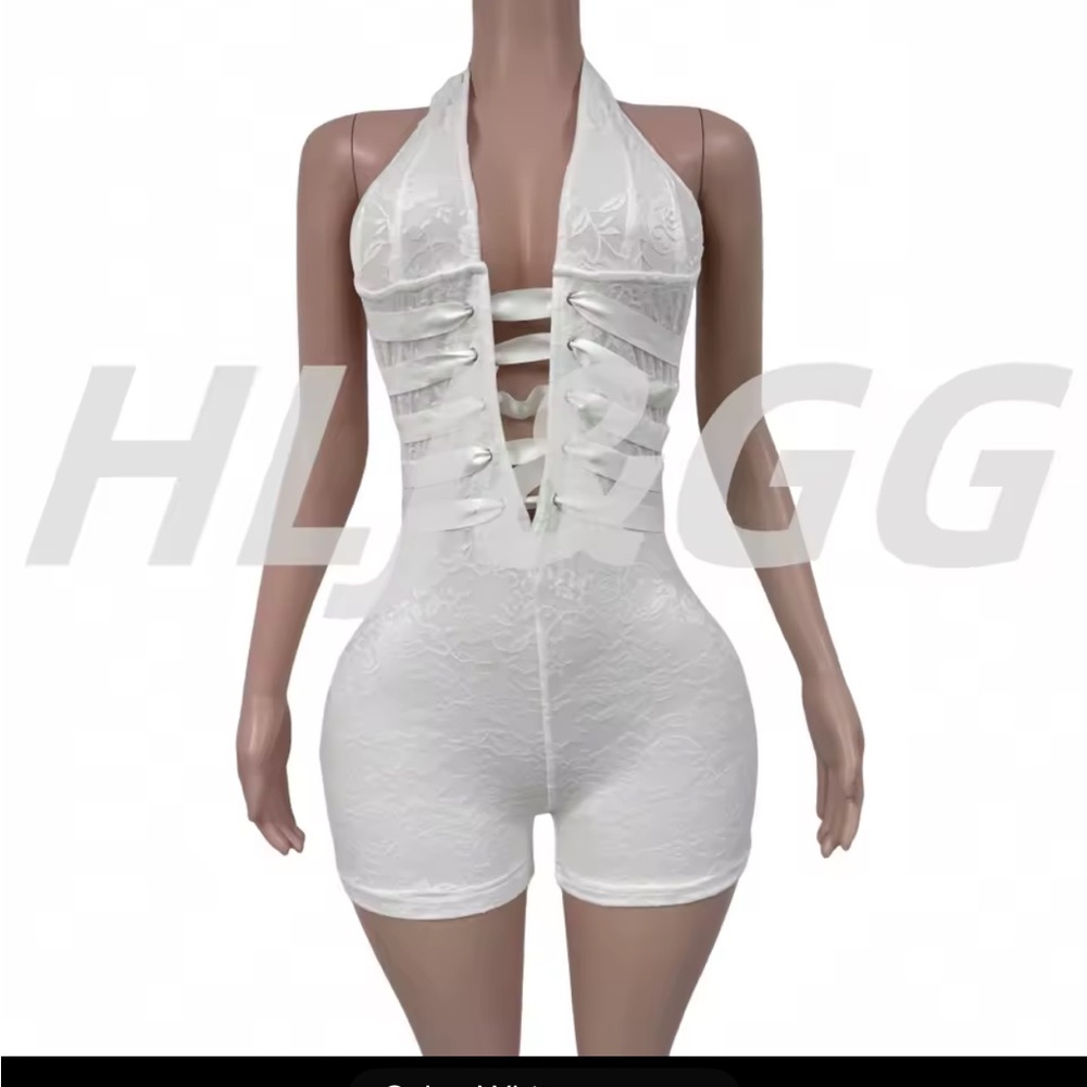 White Lace-Up Halter Romper